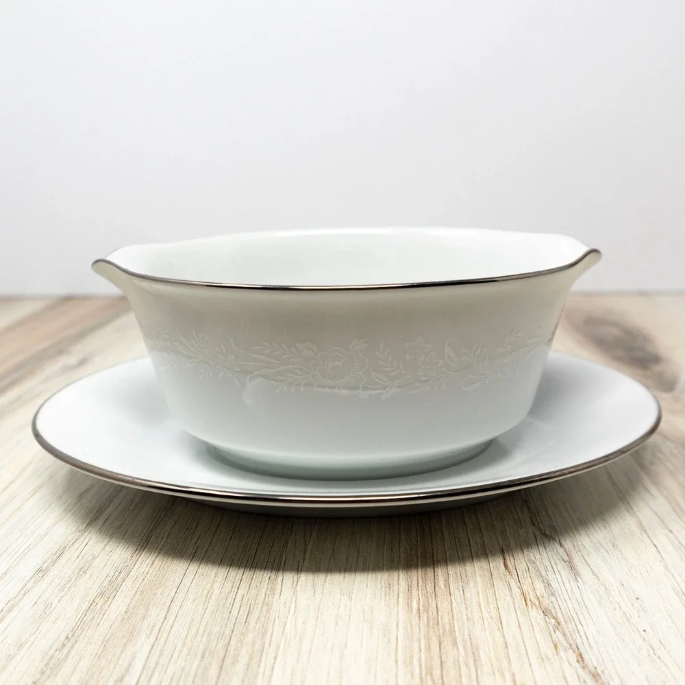 Noritake Reina Gravy Boat Attached Underplate Platinum Trim White China Vintage